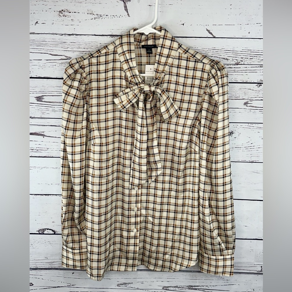 Ann Taylor Plaid Tie Neck Blouse Size 10 Cream Brown Long Sleeve